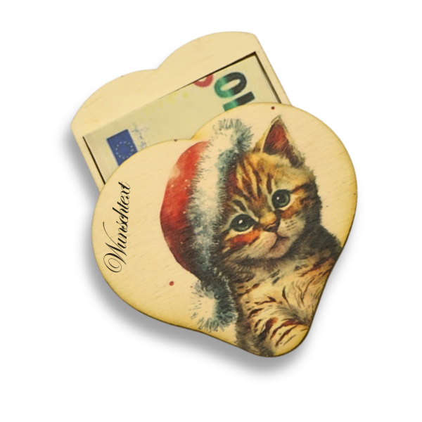 Geldgeschenk Holz - Herz mit Katze Weihnachten bedruckt
